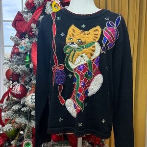 Festive Black Sweater with Cat and Stocking Design (M)